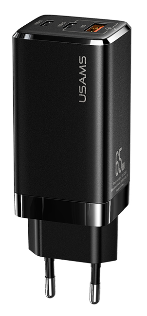 USAMS φορτιστής τοίχου US-CC110, USB & 2x USB Type-C, 65W 3A, μαύρος