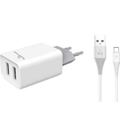 POWERTECH Φορτιστής τοίχου & καλώδιο USB Type-C PT-776, 2x USB, 2.1A