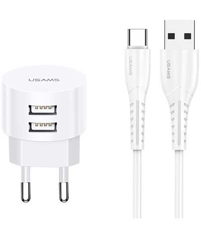 USAMS φορτιστής τοίχου T20 & καλώδιο type-C, 2x USB, 2.1A, λευκός