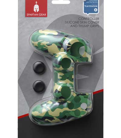 Spartan Gear PS4 Controller Silicon Skin Cover Green Camouflage & 2 Thumb Grips