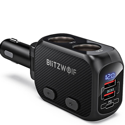 BlitzWolf BW-CLA1 Dual Cigarette Lighter Splitter, 2xUSB, USB-C, 150W (black)